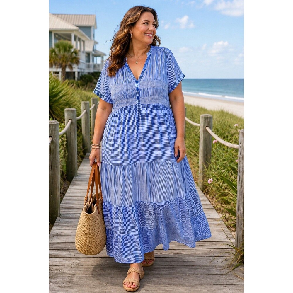 Cactus + Pearl XXL Blue White Striped Smocked Maxi Dress Rayon Boho Casual Coast